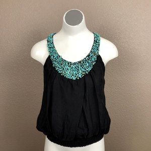 Bebe Black Silk Hand Sewn Turquoise  Nugget Elastic Hem Top Sz S Pre-Own…